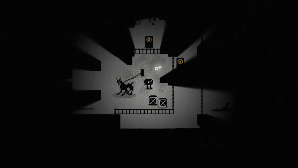 Screenshot 1: the player beside a chained monster in a dimly lit room