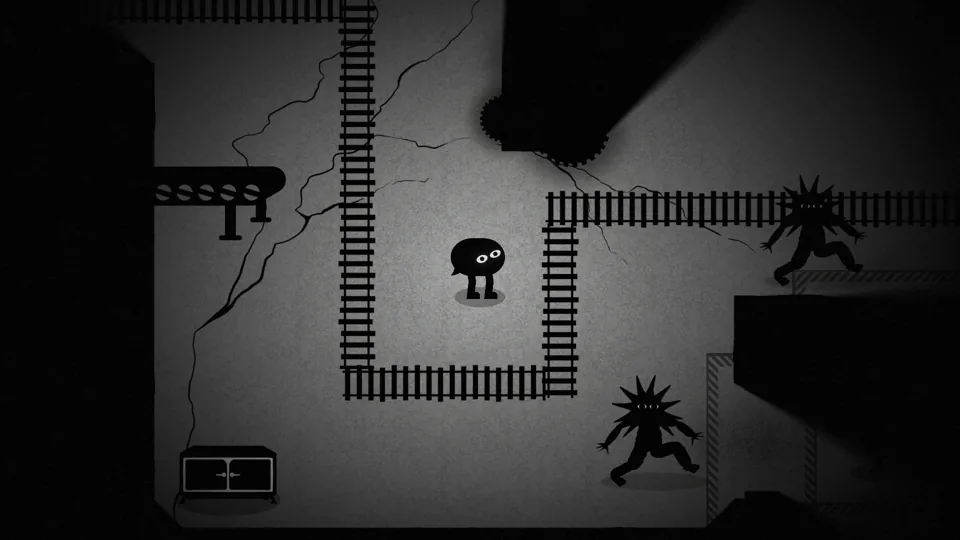 Screenshot 2: spiky monsters stalking the player across a rail yard