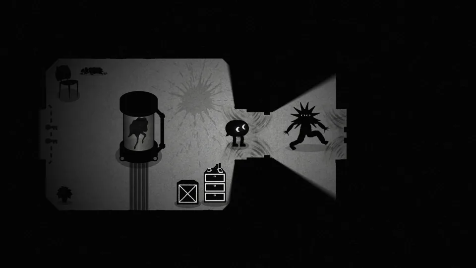 Screenshot 3: a monster waiting in a doorway next to a containment tank